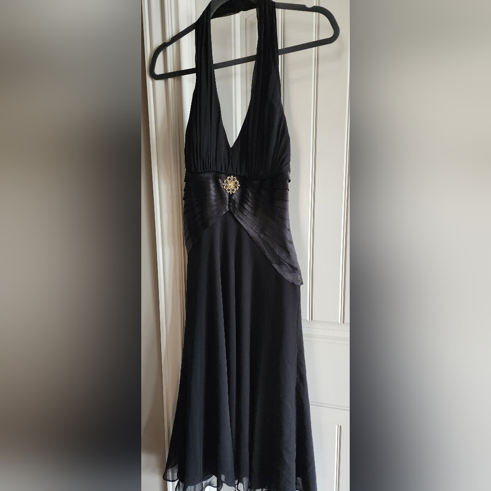 S.L. FASHION WOMENS SIZE 12 BLACK CHIFFON HALTER PARTY DRESS RHINESTONES
